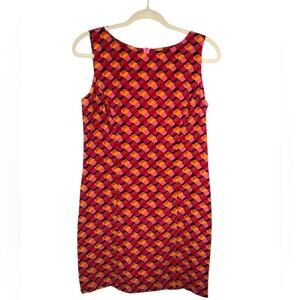 City Silk Geometric Patterned Sleeveless Dress - Red and Pink Silk Sheath Lined